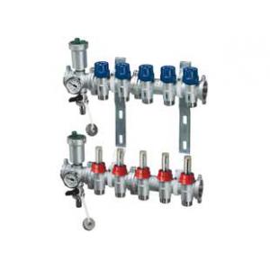 Узел коллекторный, сборный, с подающими вентилями с расходомерами и обратными терморегулирующими вентилями и с установленными на них промежуточными соединениями со сливом, термометром и воздухоотводчиком МР