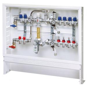 Узел регулирующий, сборный, с коллекторами с расходомерами для системы напольного отопления и высокотемпературным контуром МР, в коллекторном шкафу