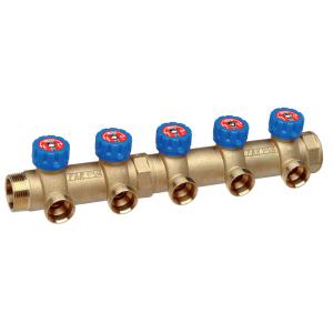 Коллектор регулирующий НР-ВР, проходной, из латуни стойкой к дезоцинковыванию, с 4 отводами (М33х1,5) для пластиковых и металлопластиковых труб Ø25-26