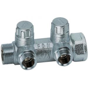 Хромированный модульный коллектор с 2 отводами и встроенными запорными вентилями для регулировки системы