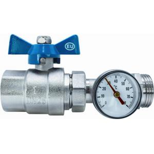Кран шаровой латунный коллекторный с термометром (диапазон 0-80 °С, D=40 мм), проходной