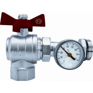 Кран шаровой латунный коллекторный с термометром (диапазон 0-80 °С, D=40 мм), угловой